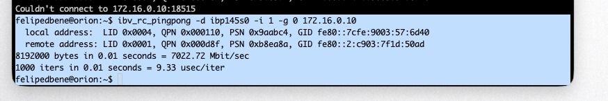 ib_rc_pingpong showing 7022.72 Mbit/sec throughput. Eight times faster than 1GbE, and we haven&rsquo;t even started optimizing.