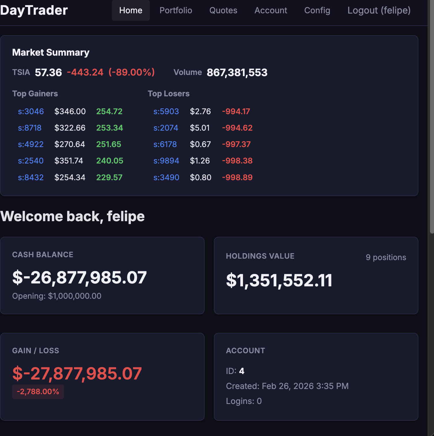 DayTrader dark trading dashboard with market summary and portfolio cards
