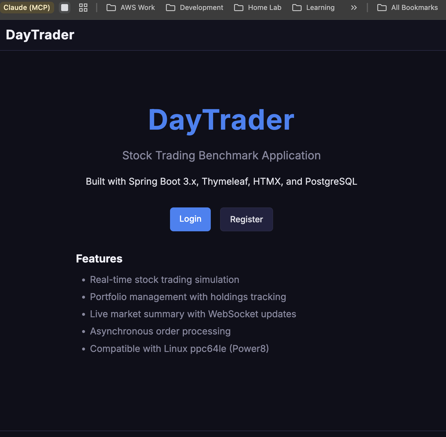 DayTrader landing page — Spring Boot 3.x, Thymeleaf, HTMX, PostgreSQL, compatible with Linux ppc64le