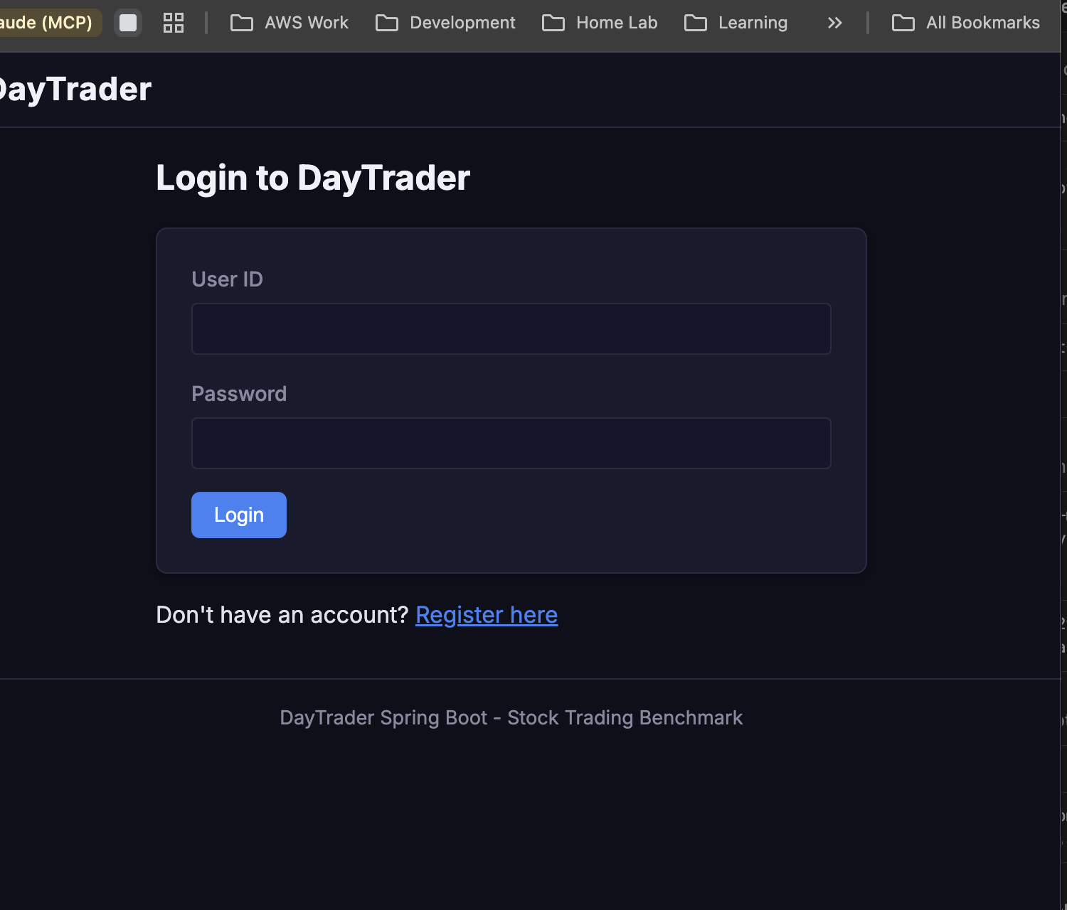 DayTrader dark login page