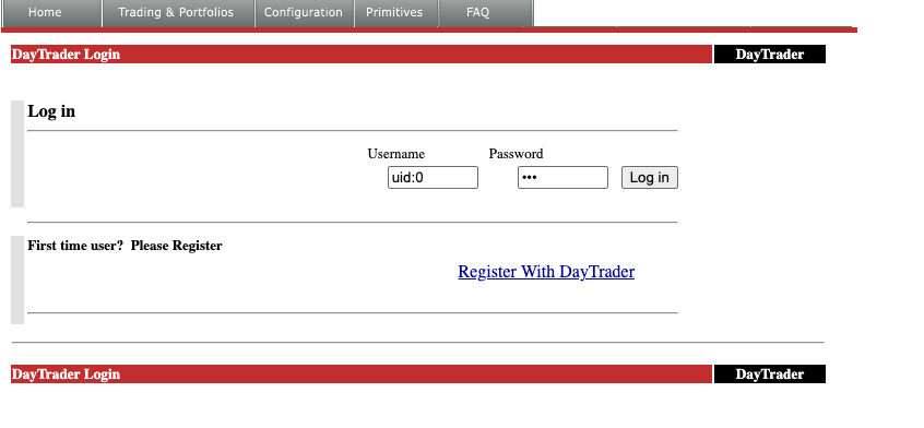 DayTrader Login — uid:0, password: xxx. Enterprise security at its finest.