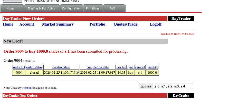DayTrader New Order — Order 9004, created and closed in 1ms