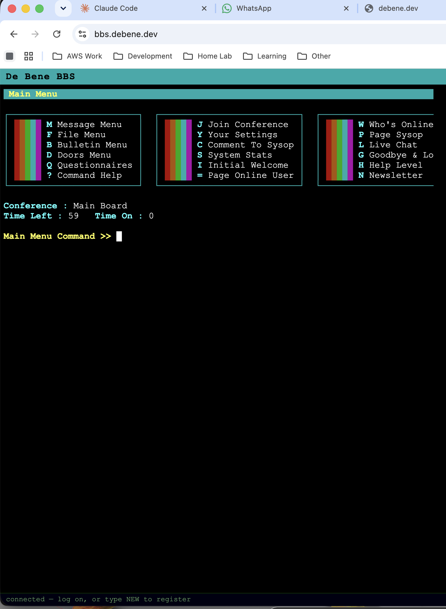 Main menu with three-panel layout