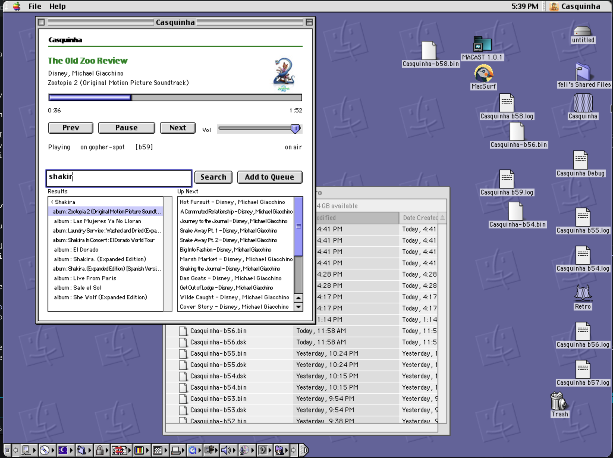 Casquinha playing Zootopia 2 soundtrack on Mac OS 9