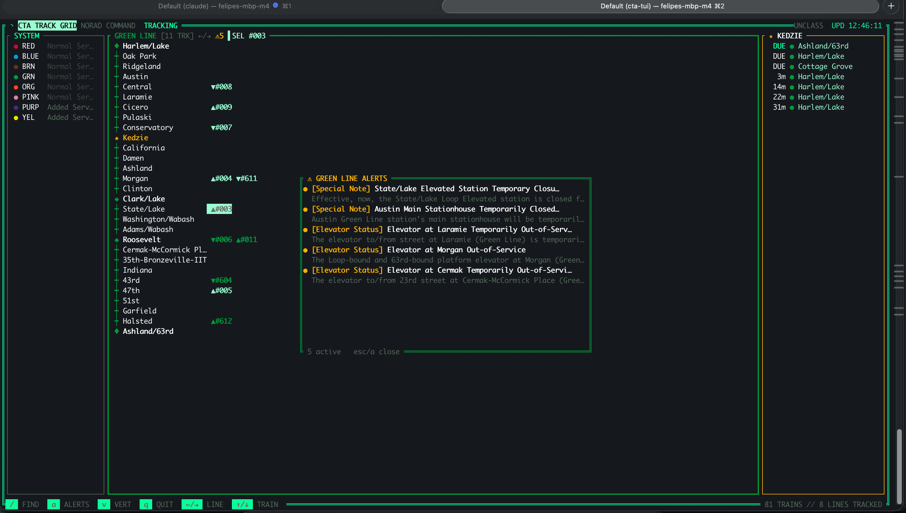 CTA TUI terminal interface showing Green Line trains and alerts