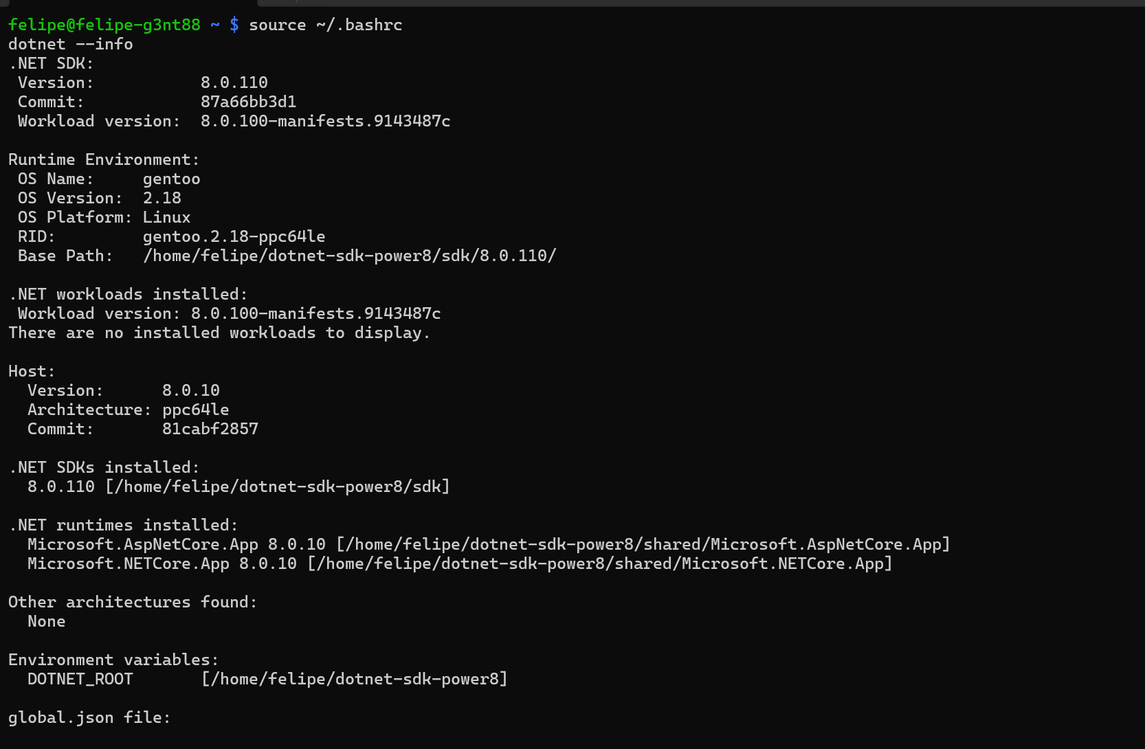 Terminal showing dotnet --info on POWER8