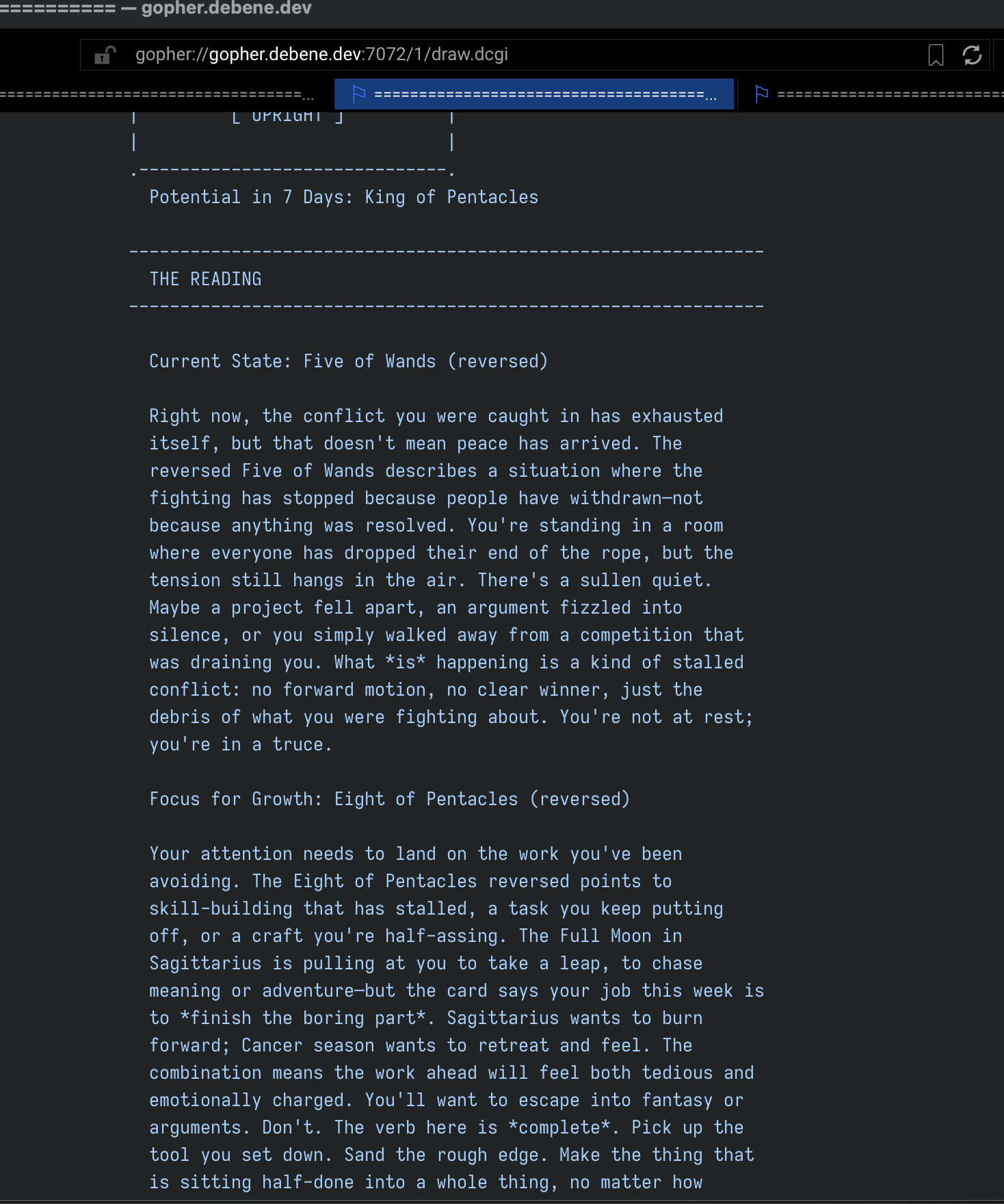 The reading&rsquo;s prose, generated card by card against the spread positions