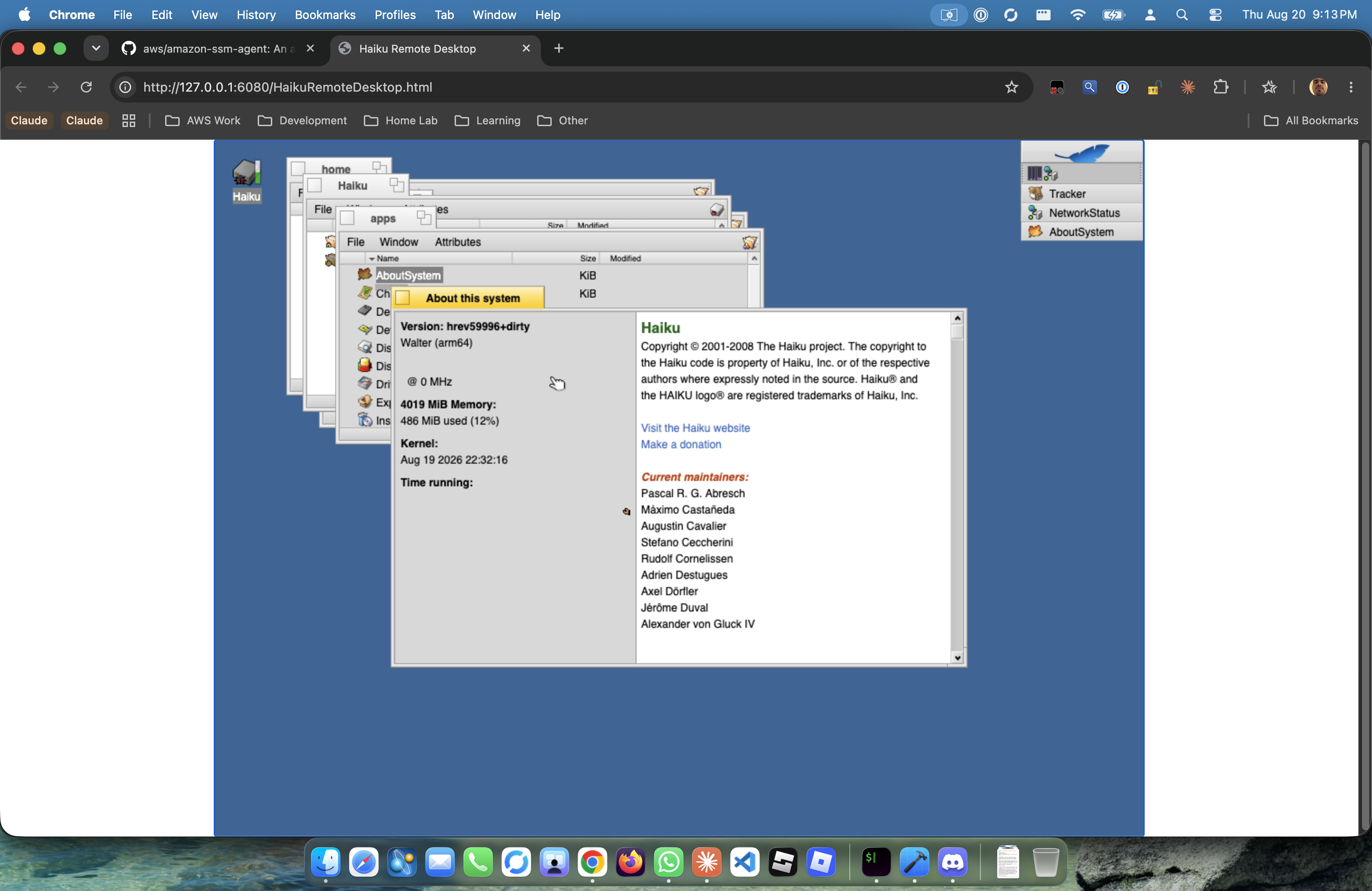 A full Haiku desktop in Chrome — Tracker windows, Deskbar, and AboutSystem reporting hrev59996+dirty, Walter (arm64), @ 0 MHz, 4019 MiB memory