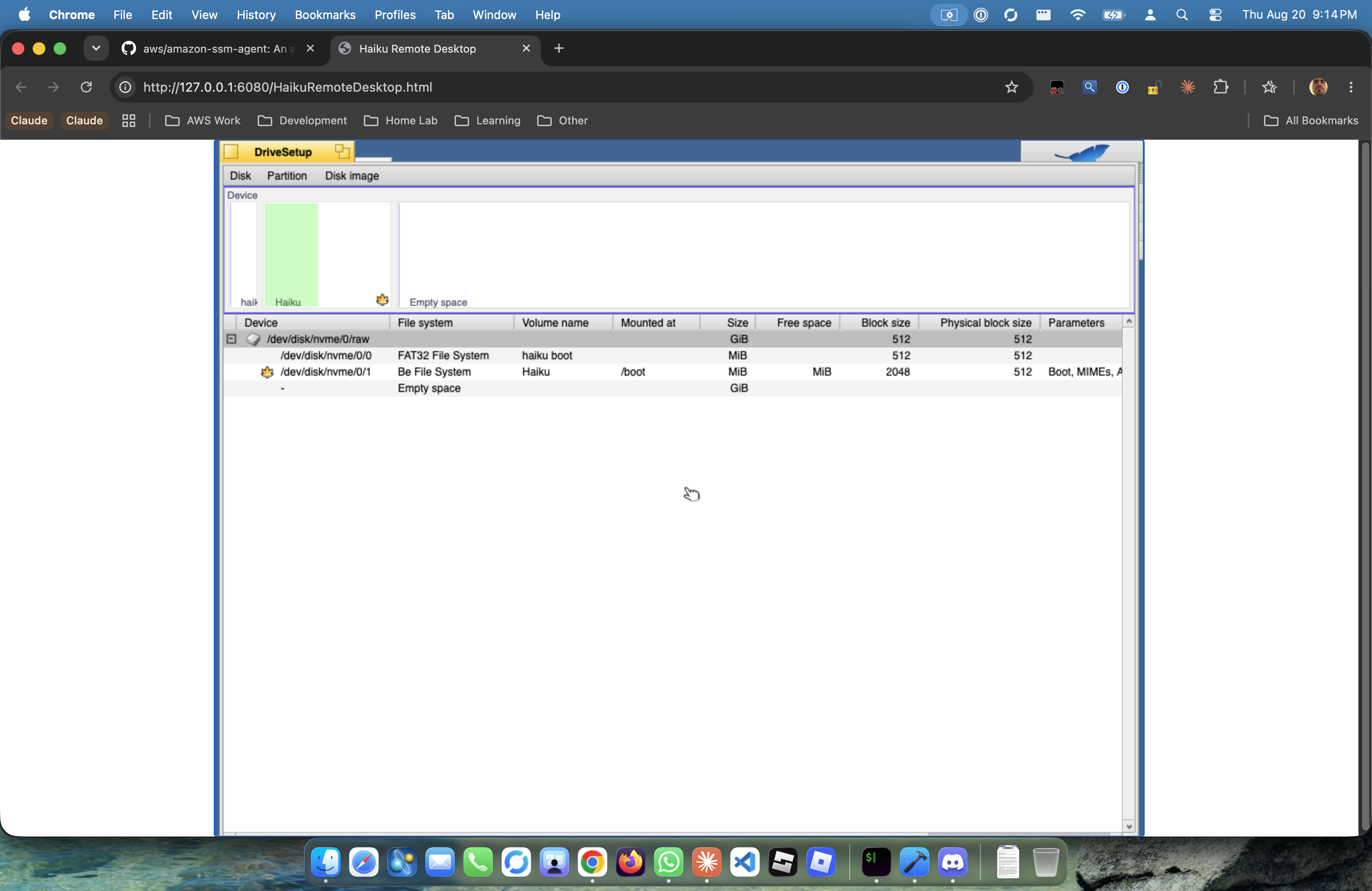 Haiku’s DriveSetup showing a FAT32 EFI partition and a Be File System volume mounted at /boot on the NVMe EBS disk, 2048-byte blocks