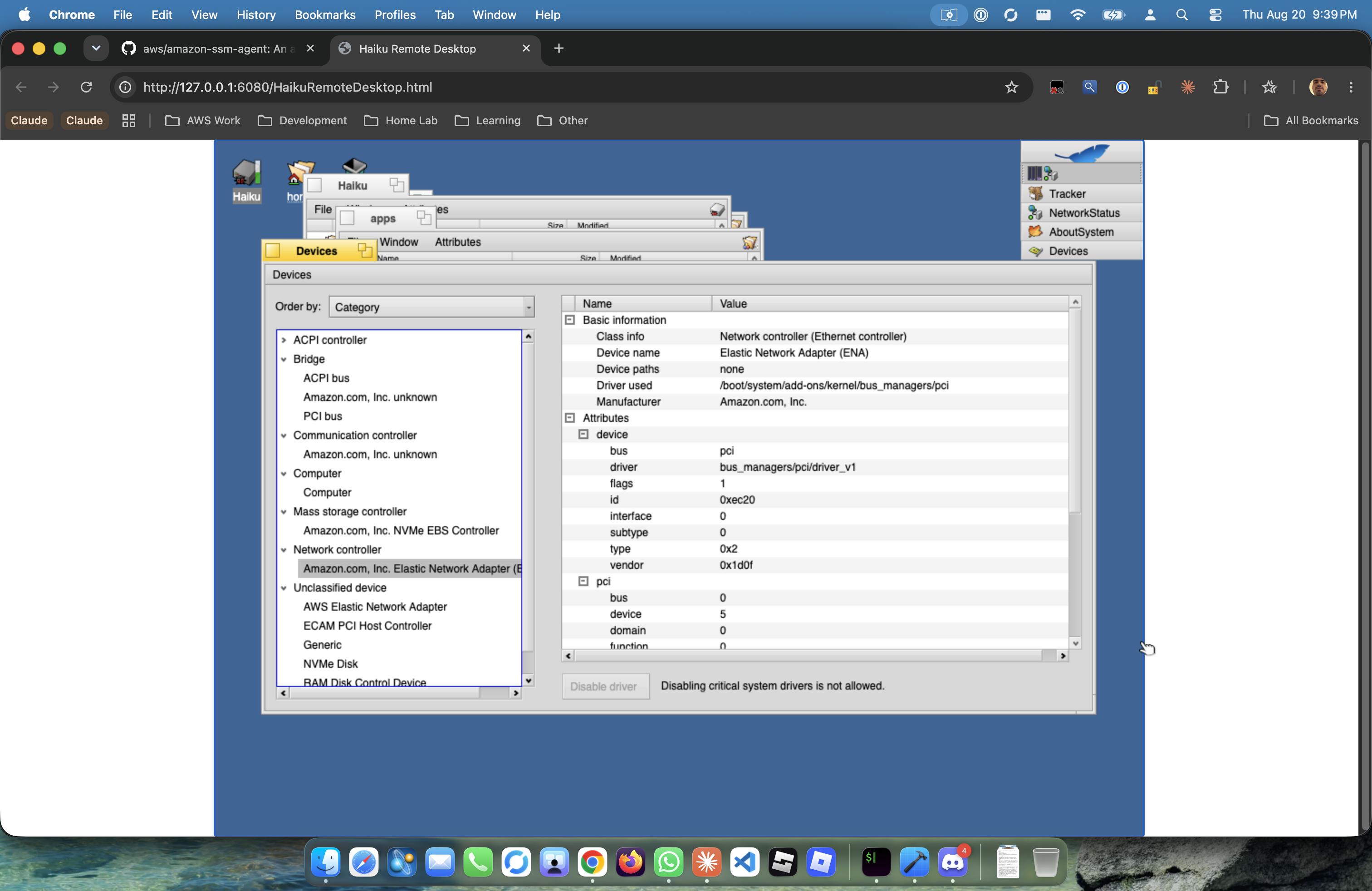 Haiku’s Devices utility showing the Amazon Elastic Network Adapter (ENA), vendor 0x1d0f, and an NVMe EBS controller, enumerated over the ECAM PCI host