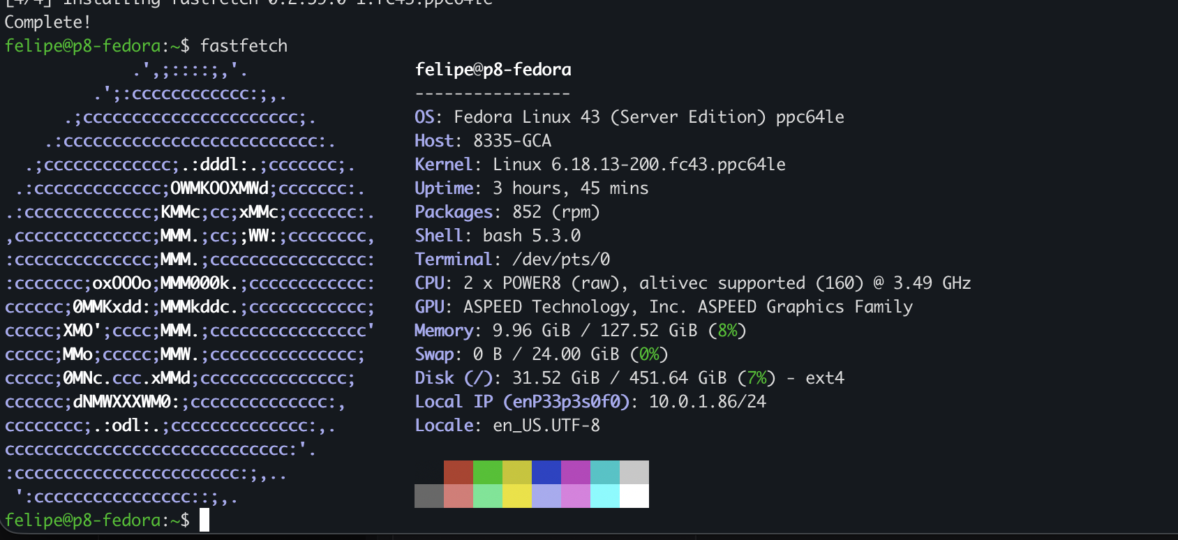 fastfetch output on P8 Fedora showing POWER8 160 threads